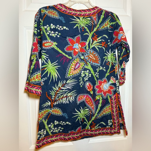 Gretchen Scott SMALL Princess Print Blouse Tunic Floral V Neck Navy Orange BOHO - Picture 6 of 7